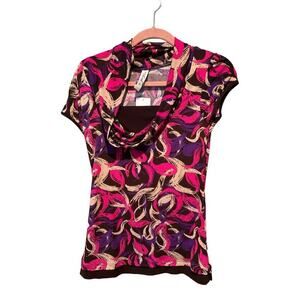 L.A Blues Top Women's M Brown Pink Printed Polyester Stretch‎ Long Sleeve Hooded